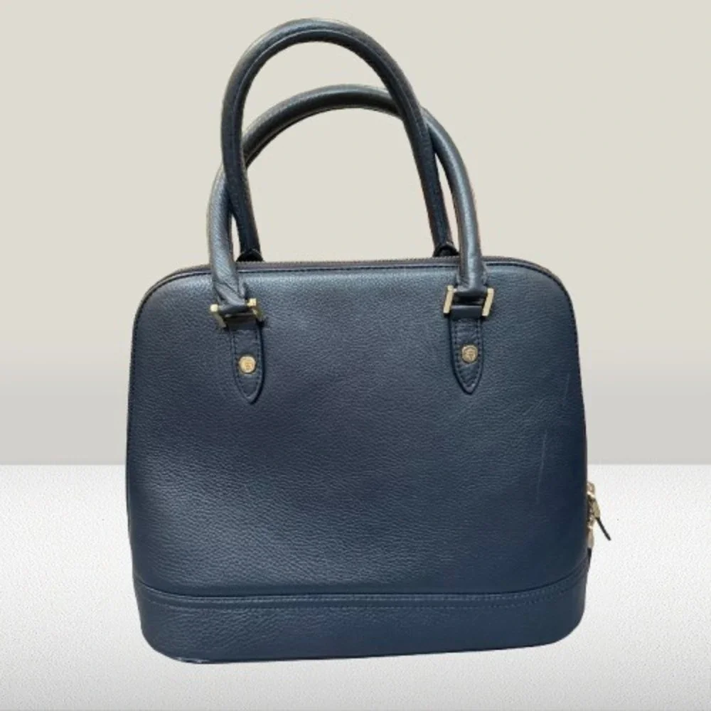 Brooks Brothers Navy Blue Pebbled Leather Dome Satchel Handbag Gold Hardware